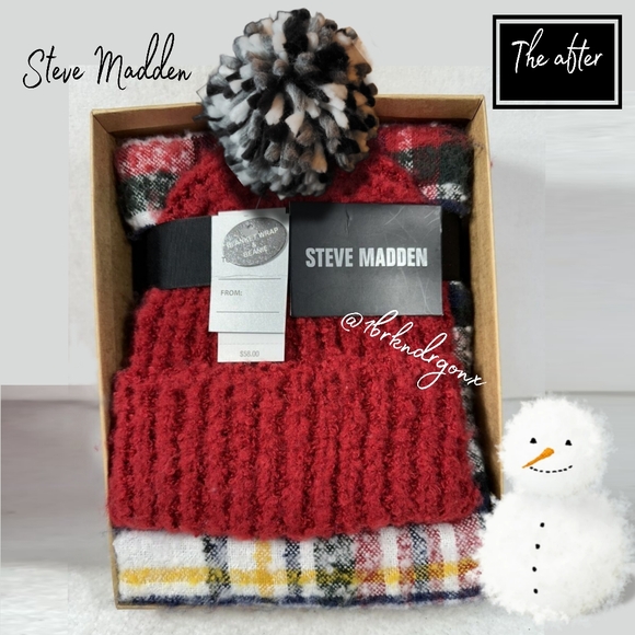 Steve Madden Holiday Gift Set Beanie Hat & Blanket Plaid Scarf Upgraded Lux Pom - Picture 9 of 14